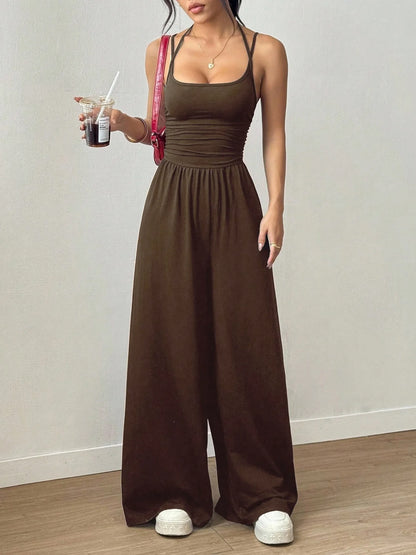New Spring Summer Jumpsuit Solid Color Casual Simple Spring Summer Suspender Sleeveless High Waist Backless Loose Overalls