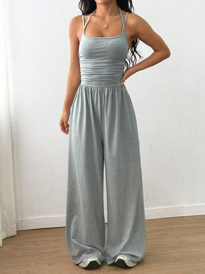 New Spring Summer Jumpsuit Solid Color Casual Simple Spring Summer Suspender Sleeveless High Waist Backless Loose Overalls
