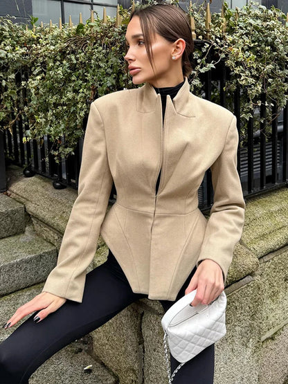 Women Pants Set Curved Hem Coat 2-Piece Sets Beige Stand Collar Jacket Hook Closure Top Wide Leg Trousers Casual Spring Outfit