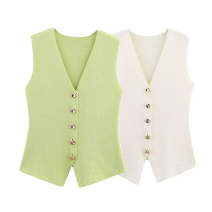 ETJ 2025 new women's elegant fashion all-match V-neck sleeveless vest jacket knitted waistcoat