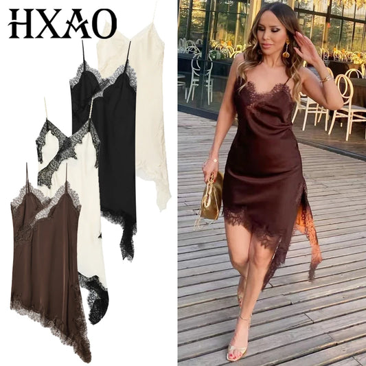 Summer Asymmetric Satin Spaghetti strap lace Slip Dress