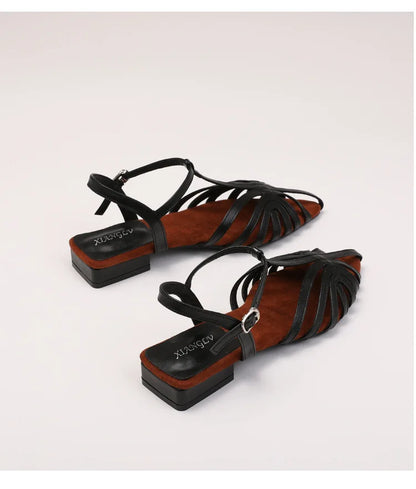 Sandals Summer Low Heel Ankle Strap Buckle Sandals Pointed Toe Hollowed Out T-strap Sandal