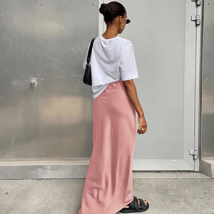 Elegant Long  Slim High Waist Satin Black Trumpet Skirts