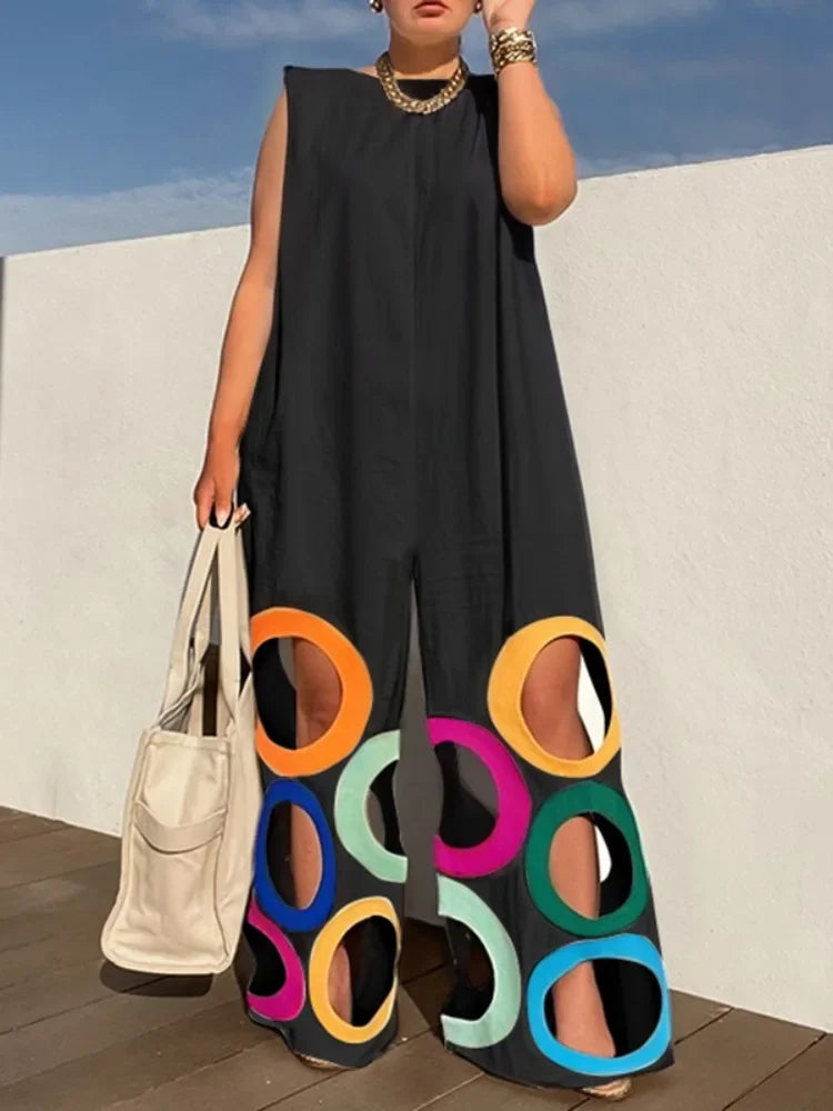 UOOZEE Women's Summer Colorful Circle Cutouts Hollow Out Jumpsuits Sleeveless Oversized Urban Casual Elegant Jump Suits 2025 New