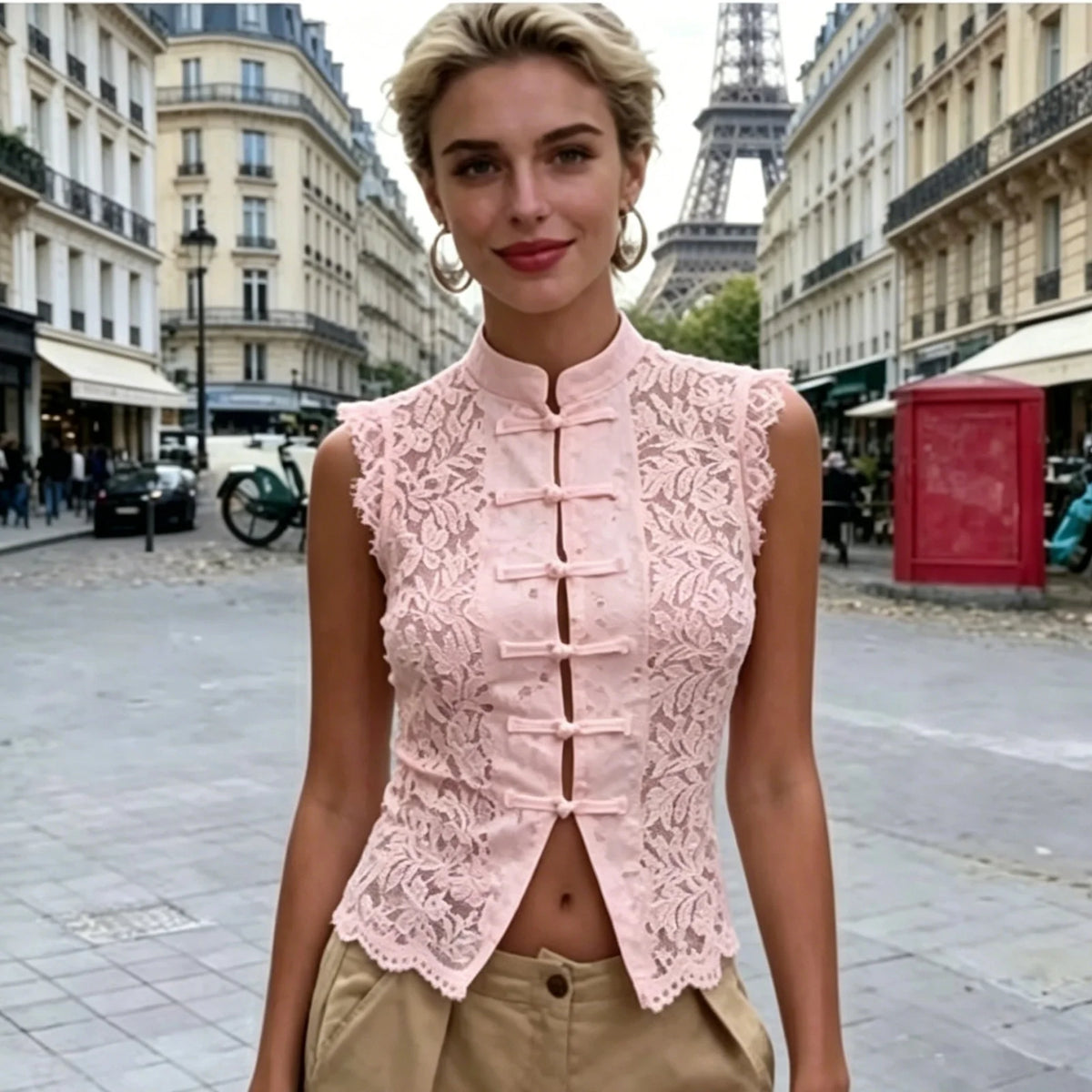 Lace Crop Top Sleeveless Chinese Frog Button Vest
