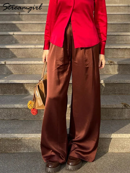 Luxury Wide Leg Baggy Satin High Waist Pants For Women Trousers With Pockets