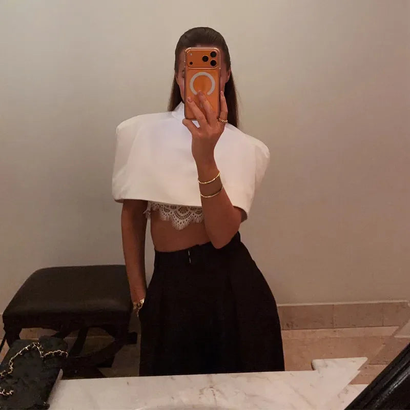 Shawl Crop Tops  Solid Shoulder Pads Stand Collar