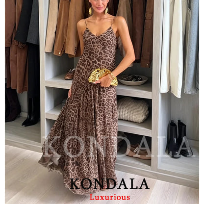KONDALA Vintage Sexy Women Long Cami Chiffon Dress Leopard Beach Holiday Party Dress Fashion 2026 Spring Summer Elegant Dress