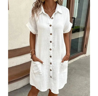 Simple Short Sleeve Shirt Dress Women's Turn-down Collar Single Breasted Casual Loose Dress
