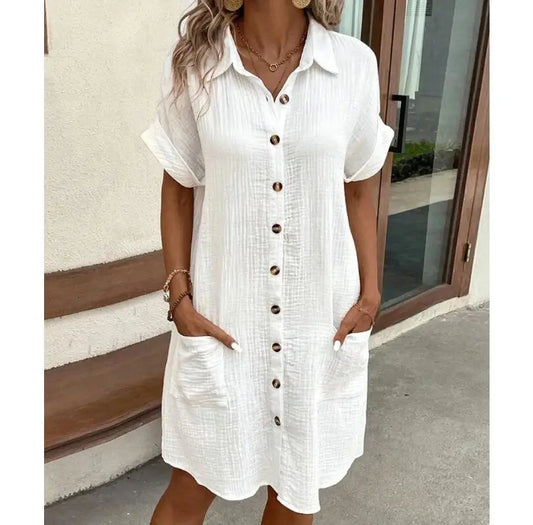 Simple Short Sleeve Shirt Dress Women's Turn-down Collar Single Breasted Casual Loose Dress