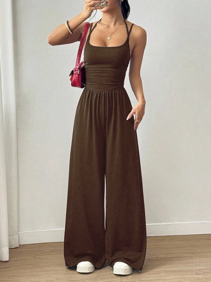 New Spring Summer Jumpsuit Solid Color Casual Simple Spring Summer Suspender Sleeveless High Waist Backless Loose Overalls
