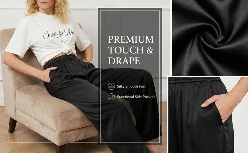 Luxury Wide Leg Baggy Satin High Waist Pants For Women Trousers With Pockets