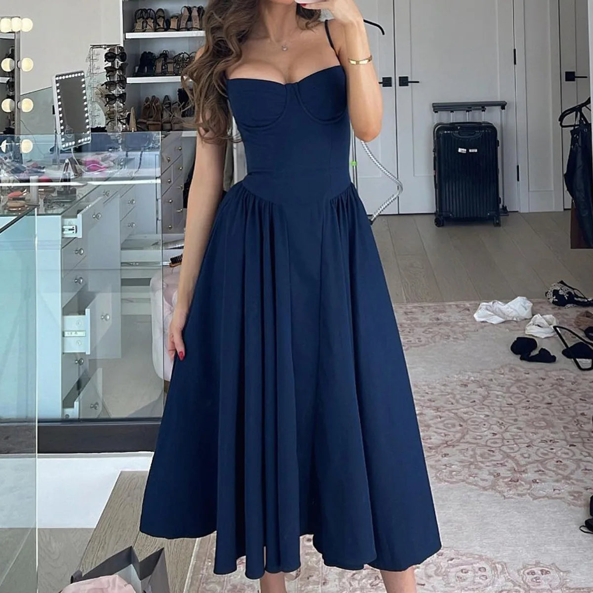 Sweetheart Spaghetti Strap  Fit and Flare Elegant Midi Dress