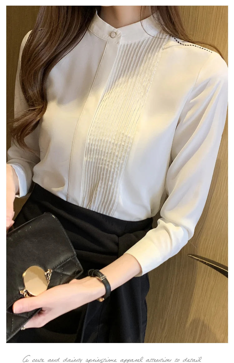 Long Sleeve Chiffon Blouse Shirt Women V-Neck-  Office Lady Blouse
