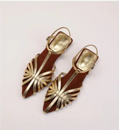 Sandals Summer Low Heel Ankle Strap Buckle Sandals Pointed Toe Hollowed Out T-strap Sandal