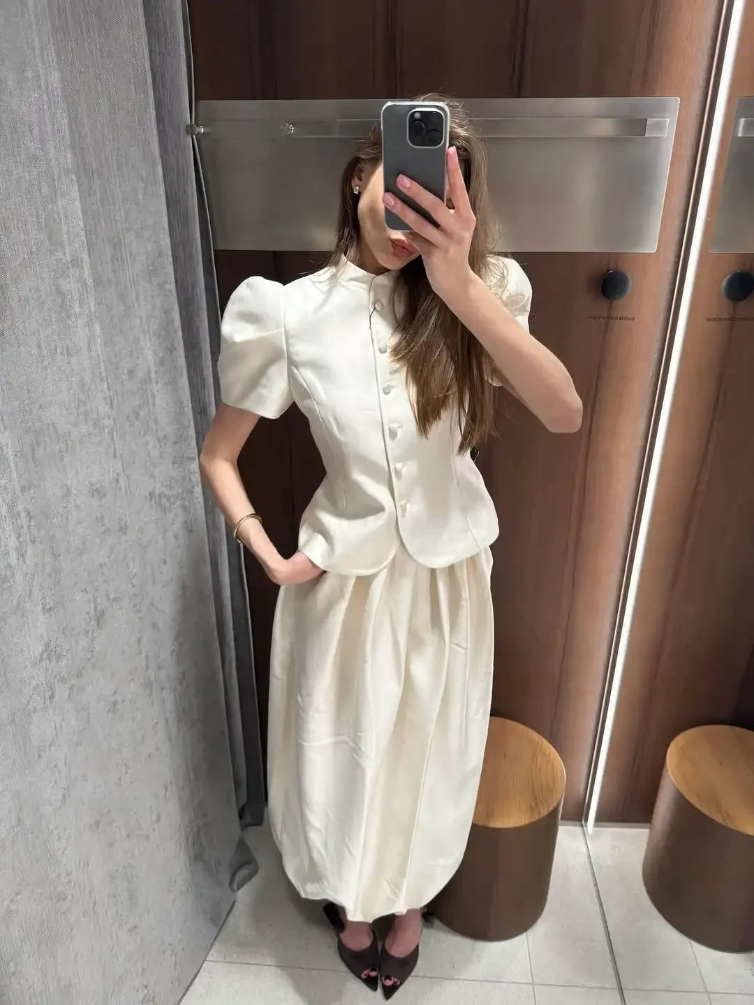 Solid Satin Round Neck Waist Cincher Shirt Slim Short Puffer Sleeved Single Breasted Tops 2026 Spring Women Elegant Blouses