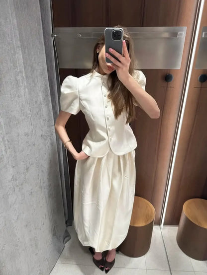 Solid Satin Round Neck Waist Cincher Shirt Slim Short Puffer Sleeved Single Breasted Tops 2026 Spring Women Elegant Blouses