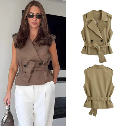 Women Elegant Commute Sleeveless Vest Jackets With Belt Spring Summer New Female High Street Chic Trench Vest Lady Casual Vests