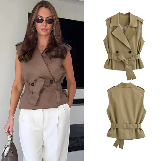 Women Elegant Commute Sleeveless Vest Jackets With Belt Spring Summer New Female High Street Chic Trench Vest Lady Casual Vests