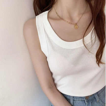 Summer Knitted Solid Color Tanks Top White Skinny Camisole Women Basic Camisole T-Shirt
