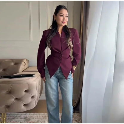 Casual Lace Up Solid Blazer Women Fashion Slim V-neck Single Breasted Full Sleeve Jacket Female 2026 Spring Lady Outwears New