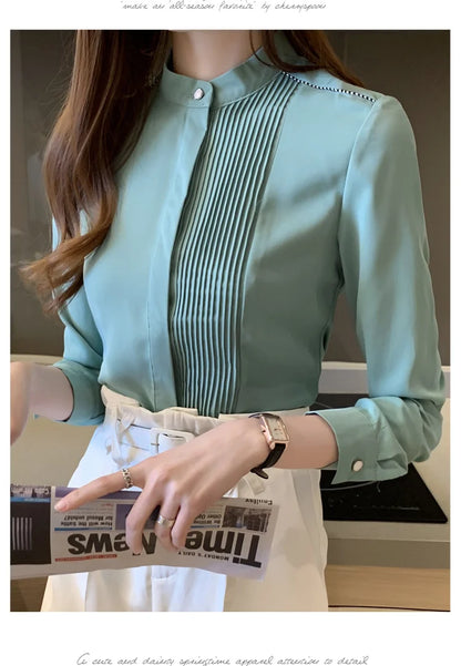 Long Sleeve Chiffon Blouse Shirt Women V-Neck-  Office Lady Blouse