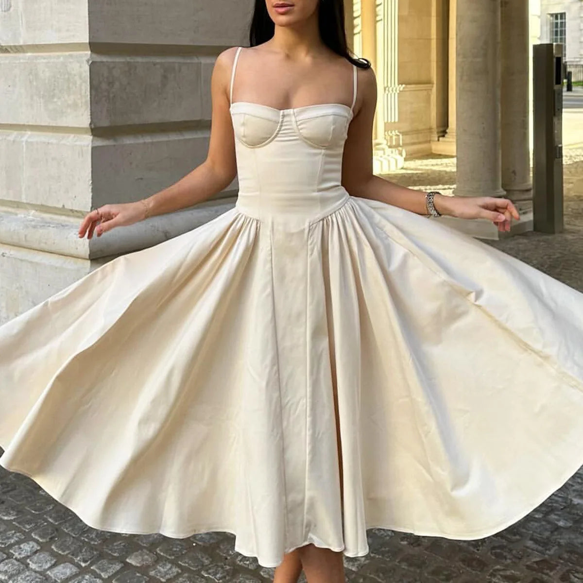 Sweetheart Spaghetti Strap  Fit and Flare Elegant Midi Dress