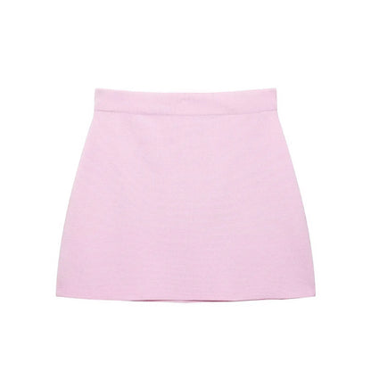 Knitted Skirt Suit Crew Neck Single-Breasted Short Sleeve Top+Fashion Elegant Elastic Waist Mini Skirt