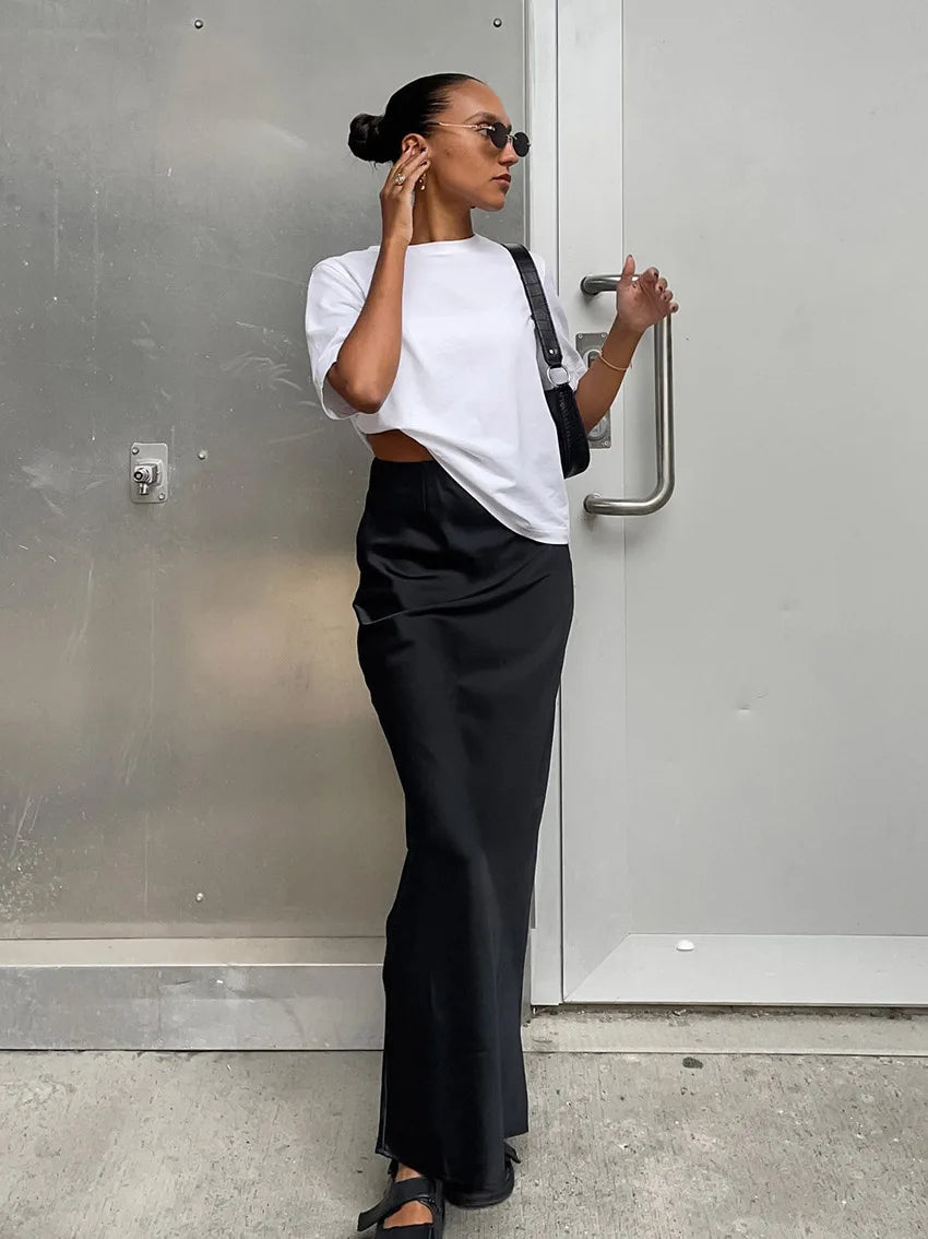Elegant Satin Black Trumpet Skirts Fashion Slim High Waist Skirts Women Female 2024 Solid Office Long Skirt Spring Summer
