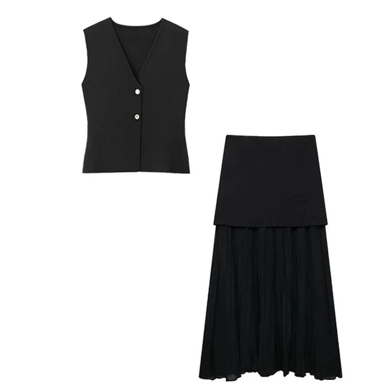 2 Piece Set Chic V-Neck Sleeveless Button Knitted Vest Top + Splicing High Waist Ankle-Length Skirt