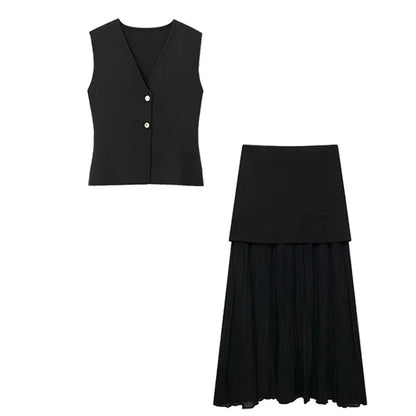 2 Piece Set Chic V-Neck Sleeveless Button Knitted Vest Top + Splicing High Waist Ankle-Length Skirt