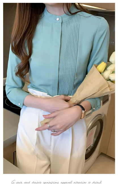 Long Sleeve Chiffon Blouse Shirt Women V-Neck-  Office Lady Blouse
