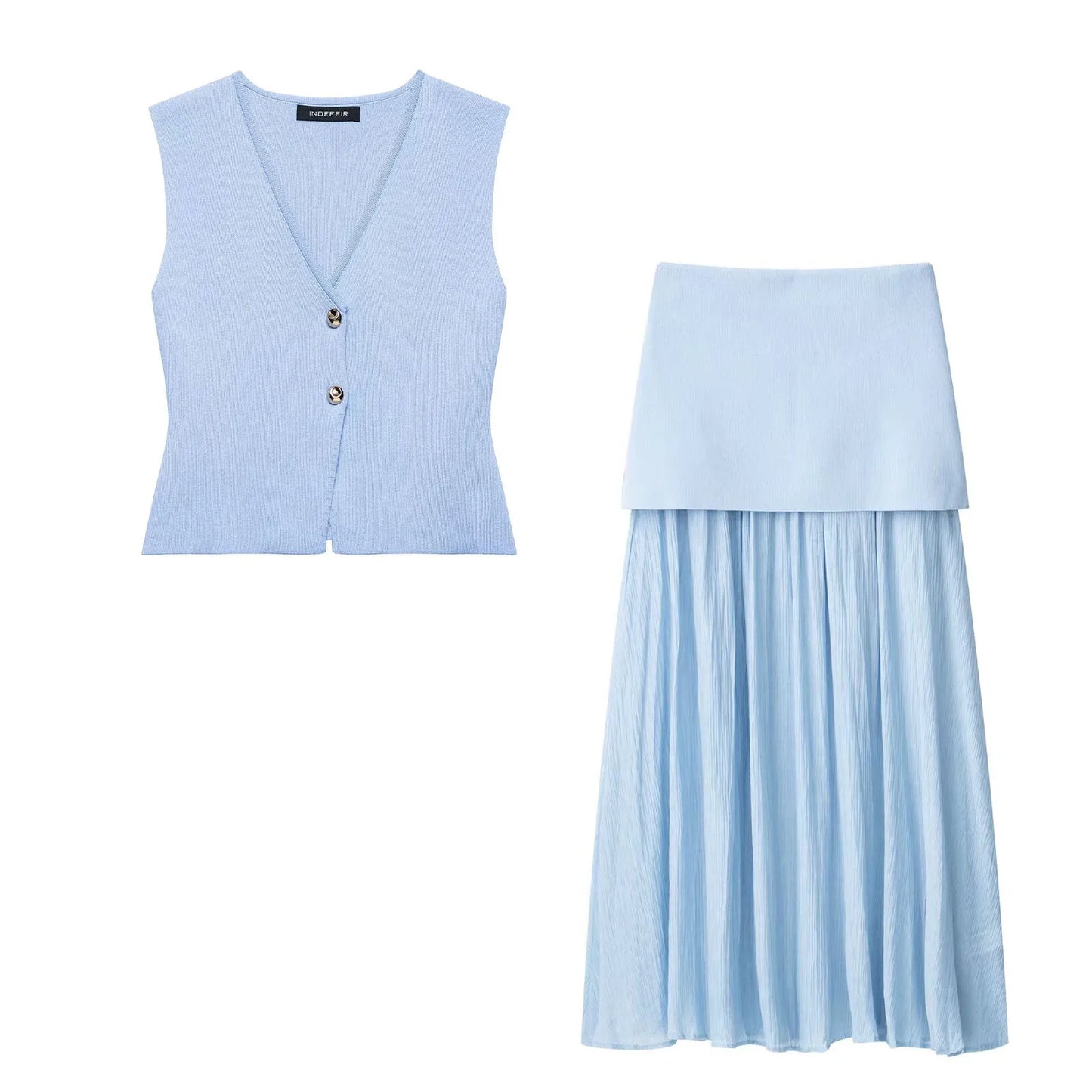 2 Piece Set Chic V-Neck Sleeveless Button Knitted Vest Top + Splicing High Waist Ankle-Length Skirt