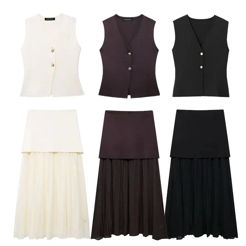 2 Piece Set Chic V-Neck Sleeveless Button Knitted Vest Top + Splicing High Waist Ankle-Length Skirt