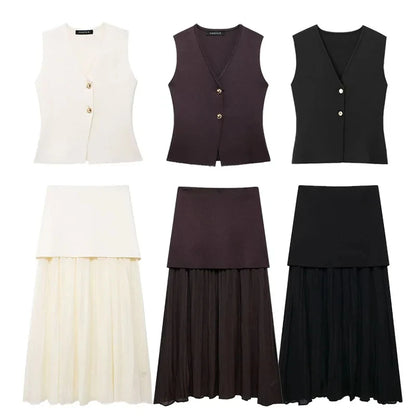 2 Piece Set Chic V-Neck Sleeveless Button Knitted Vest Top + Splicing High Waist Ankle-Length Skirt