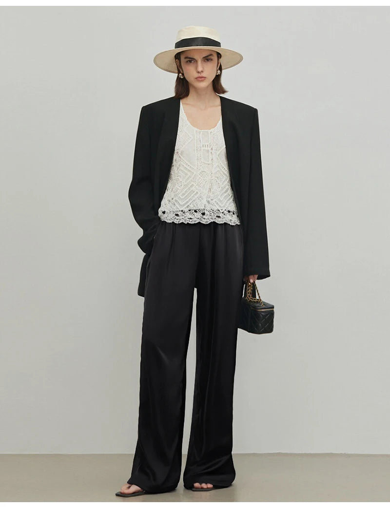 Luxury Wide Leg Baggy Satin High Waist Pants For Women Trousers With Pockets