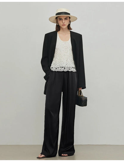 Luxury Wide Leg Baggy Satin High Waist Pants For Women Trousers With Pockets