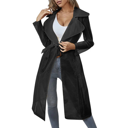 Jackets For Womens Mesh Transparent Overcoat Long Sleeve Buttoned Coat With Belt Turndown Collar Light Weight Long Jackets