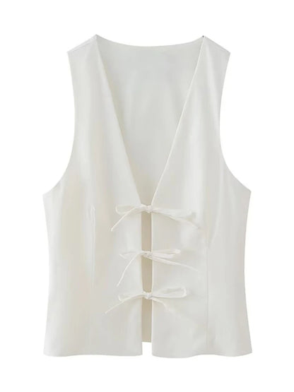 Women Fashion Lace Up Vest V Neck Sleeveless Top Y2k Vintage Solid 2025 Female Summer Sexy Party Tank Tops