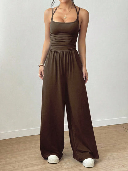 New Spring Summer Jumpsuit Solid Color Casual Simple Spring Summer Suspender Sleeveless High Waist Backless Loose Overalls