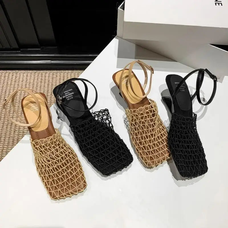 Luxury women's lace Mesh Fashion Sandals- Square Toe Shallow Narrow Strap Braided Slip-on High Heels Sandals