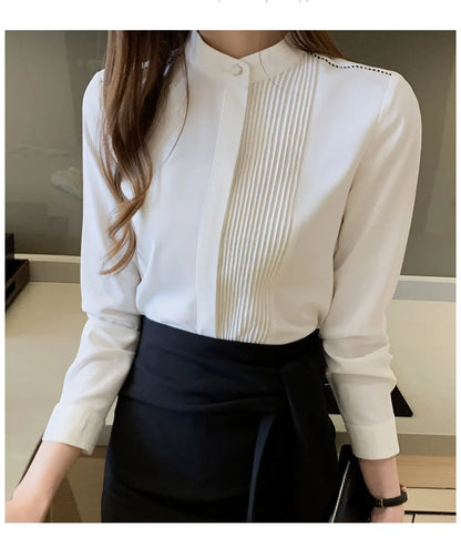 Long Sleeve Chiffon Blouse Shirt Women V-Neck-  Office Lady Blouse