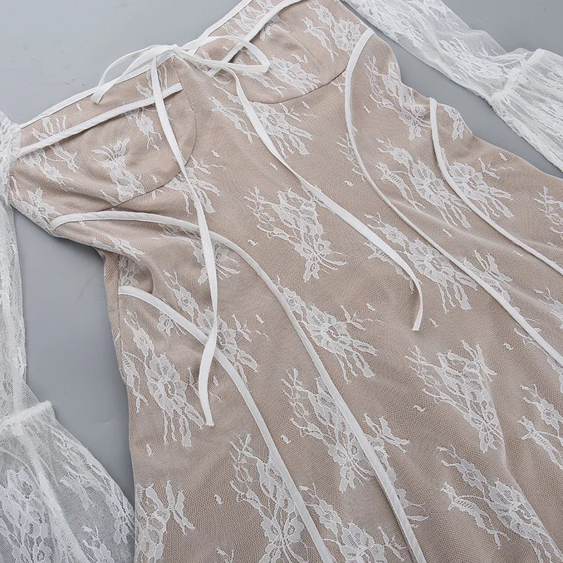 Elegant lace Mini Dress For Women Square Collar Long Sleeve Backless