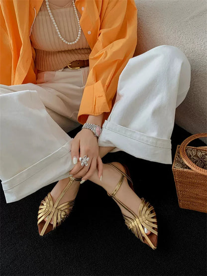 Sandals Summer Low Heel Ankle Strap Buckle Sandals Pointed Toe Hollowed Out T-strap Sandal