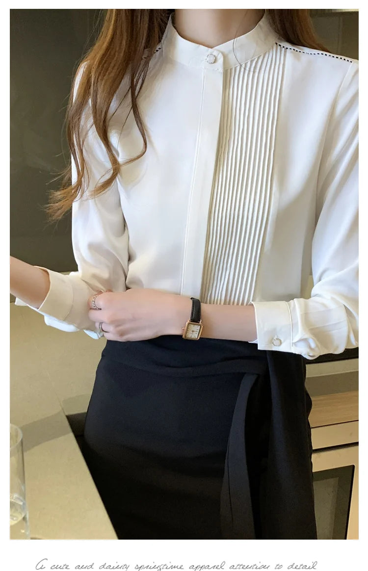 Long Sleeve Chiffon Blouse Shirt Women V-Neck-  Office Lady Blouse