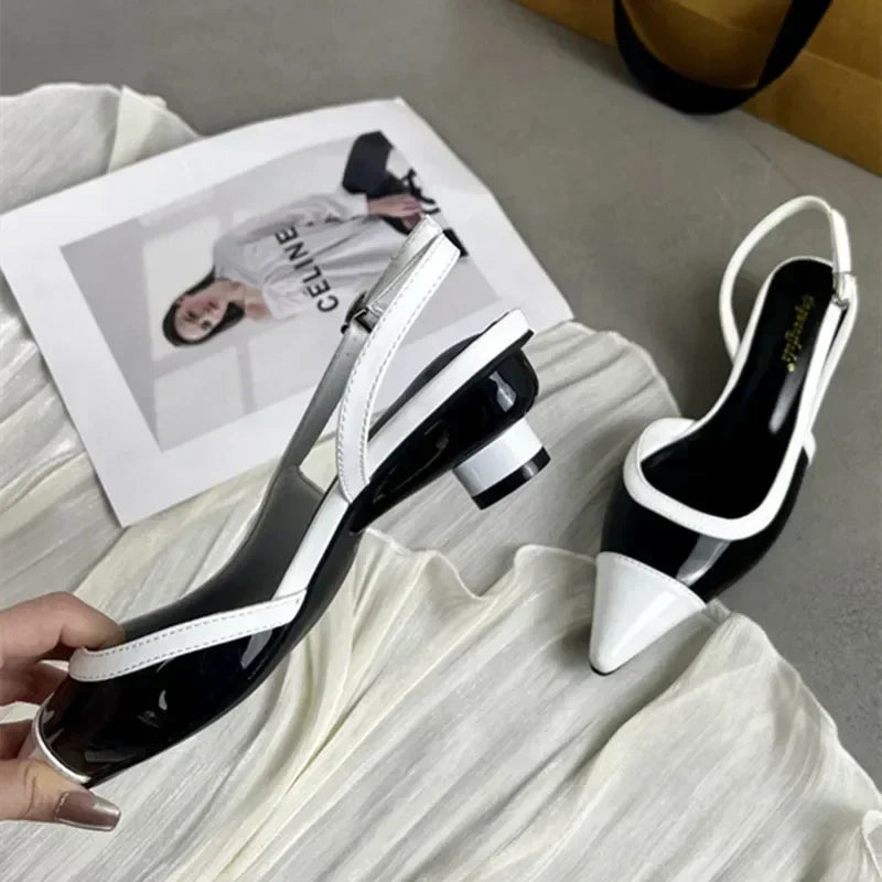 Black White Low Heeled Sandals Women Sexy Pointed Toe Slingbacks Chunky low Heels for Women Elegant Heels