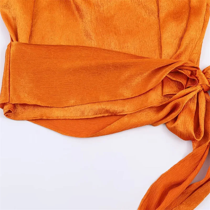 Sleeveless Draped Satin Long ribbon Waist-Tie Top