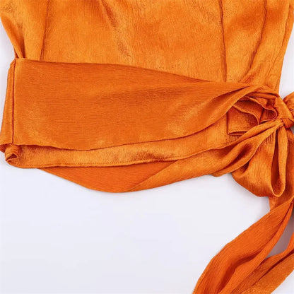 Sleeveless Draped Satin Long ribbon Waist-Tie Top