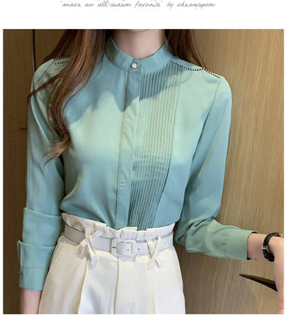 Long Sleeve Chiffon Blouse Shirt Women V-Neck-  Office Lady Blouse