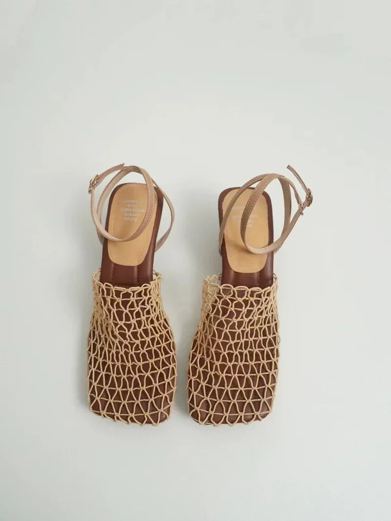 Luxury women's lace Mesh Fashion Sandals- Square Toe Shallow Narrow Strap Braided Slip-on High Heels Sandals
